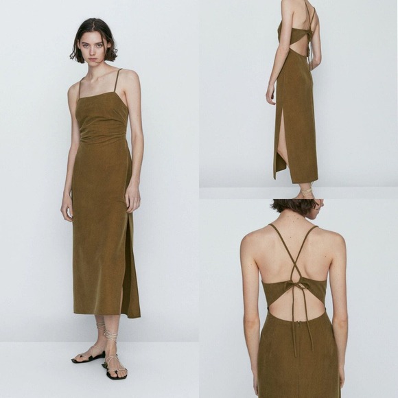 Massimo Dutti Dresses & Skirts - Massimo Dutti Midi Dress Women's Small Cupro Strappy Tie Back Split Khaki